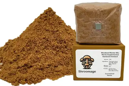Woodland Wonder Mix mushroom substrate bag, 3lb, sterilized hardwood blend for oyster, shiitake, and lion's mane mushrooms.
