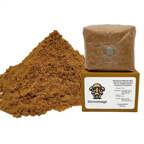Woodland Wonder Mix mushroom substrate bag, 3lb, sterilized hardwood blend for oyster, shiitake, and lion's mane mushrooms.